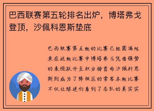 巴西联赛第五轮排名出炉，博塔弗戈登顶，沙佩科恩斯垫底