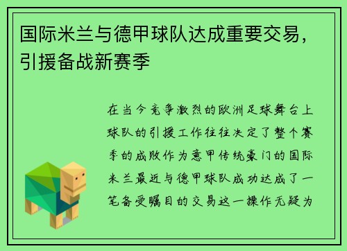 国际米兰与德甲球队达成重要交易，引援备战新赛季