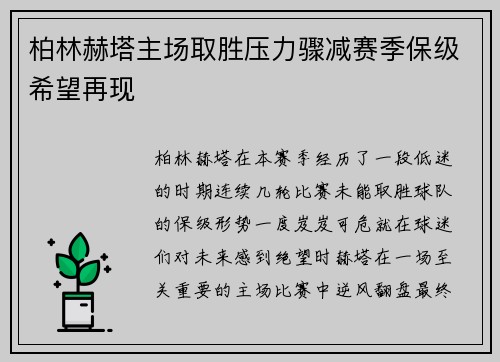 柏林赫塔主场取胜压力骤减赛季保级希望再现