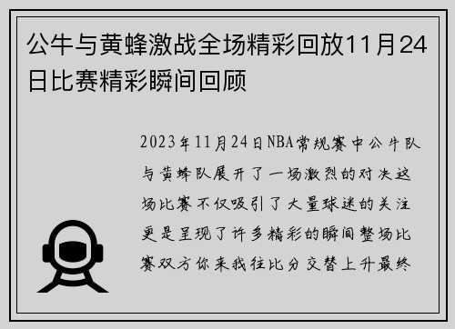 公牛与黄蜂激战全场精彩回放11月24日比赛精彩瞬间回顾