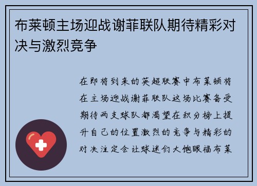 布莱顿主场迎战谢菲联队期待精彩对决与激烈竞争