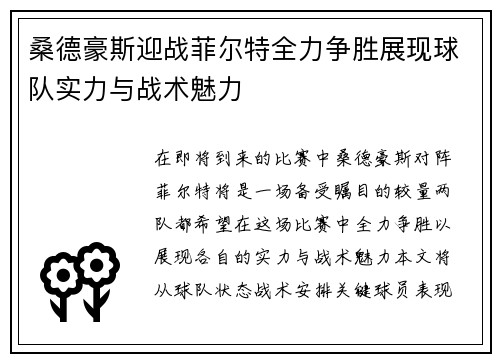 桑德豪斯迎战菲尔特全力争胜展现球队实力与战术魅力
