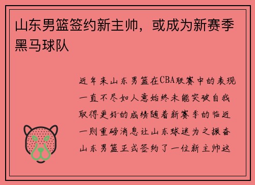 山东男篮签约新主帅，或成为新赛季黑马球队