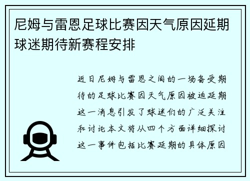 尼姆与雷恩足球比赛因天气原因延期球迷期待新赛程安排