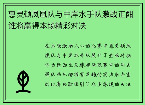 惠灵顿凤凰队与中岸水手队激战正酣谁将赢得本场精彩对决