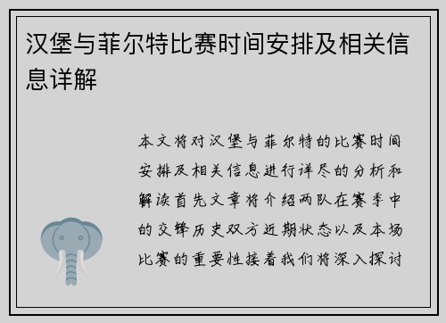 汉堡与菲尔特比赛时间安排及相关信息详解