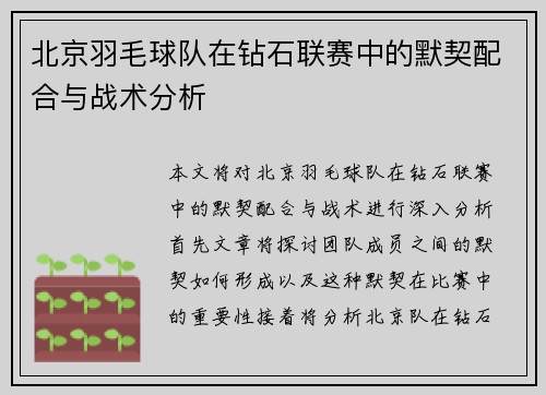 北京羽毛球队在钻石联赛中的默契配合与战术分析