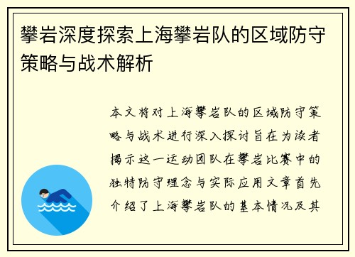 攀岩深度探索上海攀岩队的区域防守策略与战术解析